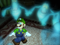 Luigi surrounded by blue ghosts in the Living Room. Notice that the table and chairs are missing.