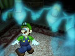 Luigi surrounded by blue ghosts in the Living Room. Notice that the table and chairs are missing.