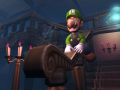 Luigi sliding down a railing in the Foyer in order to escape a ghost.